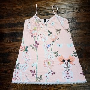 Beige Floral Lace-Trim V-Neck Nightgown